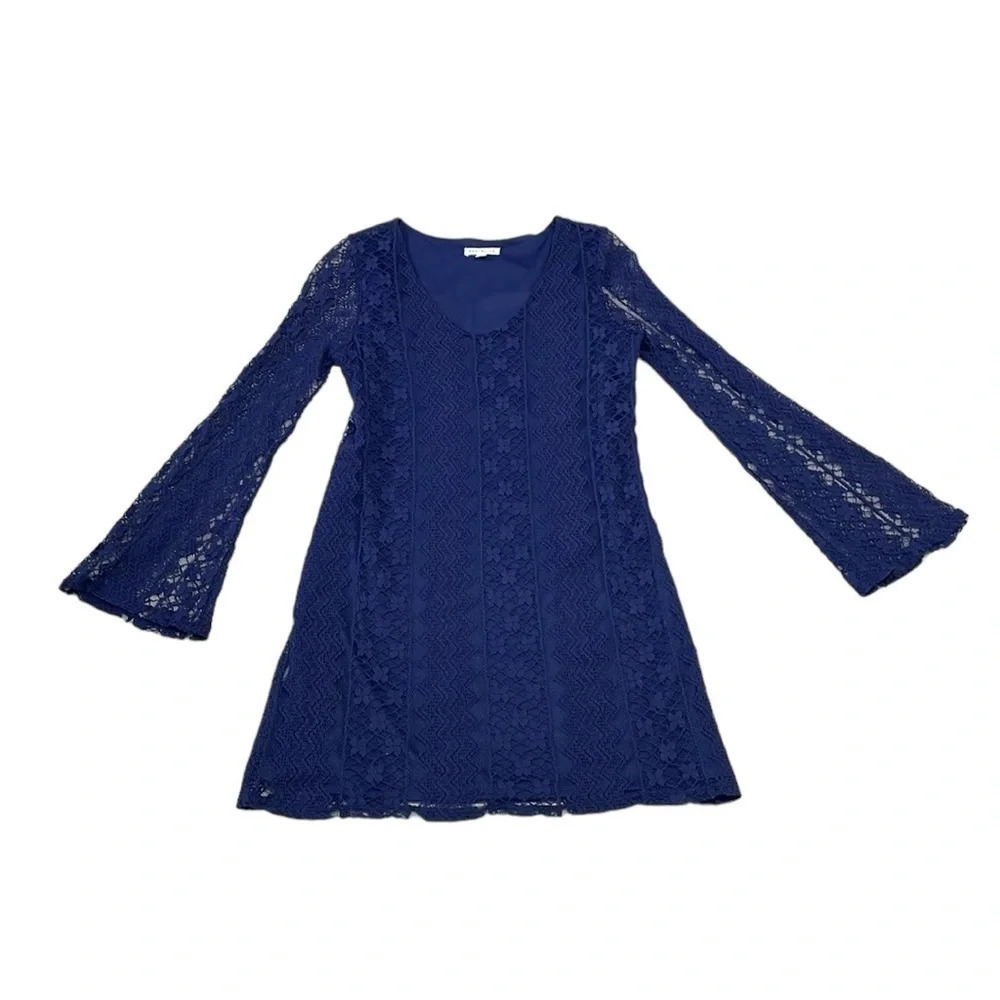 Socialite Dress V-Neck Lace Sheer Flare Sleeves Blue Large L